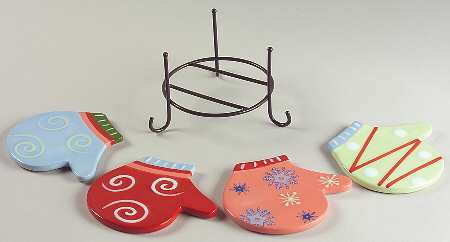 Taffy Candy Coaster Set - 5 Piece (4 Motif Coasters & Metal Holder)
