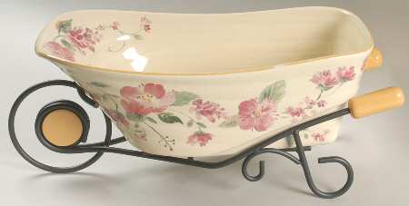 Silk Rose Wheelbarrow Serving Bowl W/Metal Frame