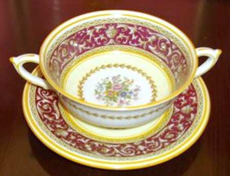 Corinthian Maroon (Yellow Trim) Footed Cream Soup Bowl & Saucer Set