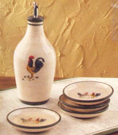 Coq Au Vin Oil Jar/Cruet with 4 Dipping Bowls