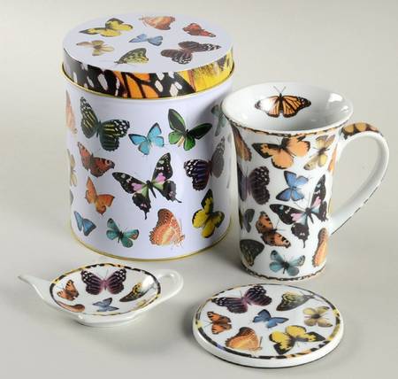 Butterflies Mug & Coaster with Tea Bag Holder Set in Gift Tin