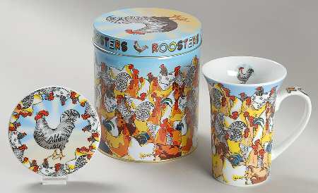 Roosters Mug & Coaster Set W/Gift Tin & Lid
