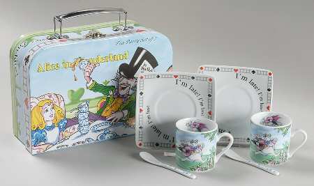 Alice in Wonderland's Cafe Demitasse Cup & Saucer Set w/Spoon - Set of 2 Boxed