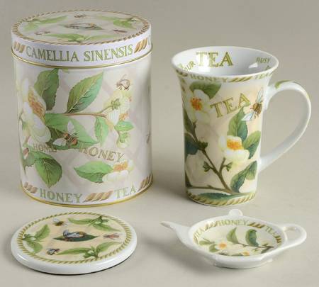 Tea Plant & Honey Bee Mug & Coaster with Tea Bag Holder Set in Gift Tin