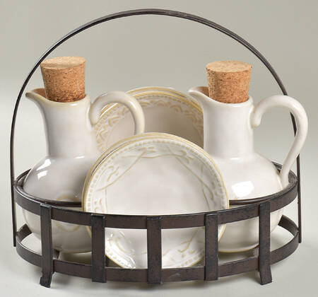 Juliette 9 Piece Dipping Set (Oil/Vinegar,Metal Stand & 4 Motif Dip Bowls)