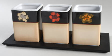 Painted Poppies 3 Pc Ceramic Flatware Caddy & Tray