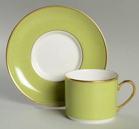ColorBurst Green (Gold Trim, White) Flat Cup & Saucer Set