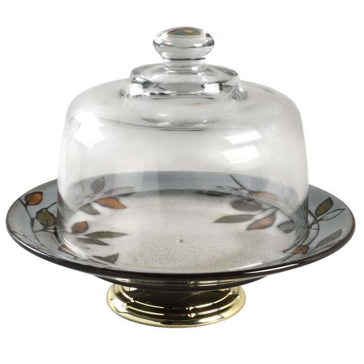 Rustic Leaves 6 1/2"-7 1/2" Footed Cheese Plate w/ Glass Dome HC