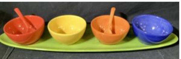 Colorful Serve 9 Pc Condiment Set (4 Motif Bowls & Spoons W/Tray)