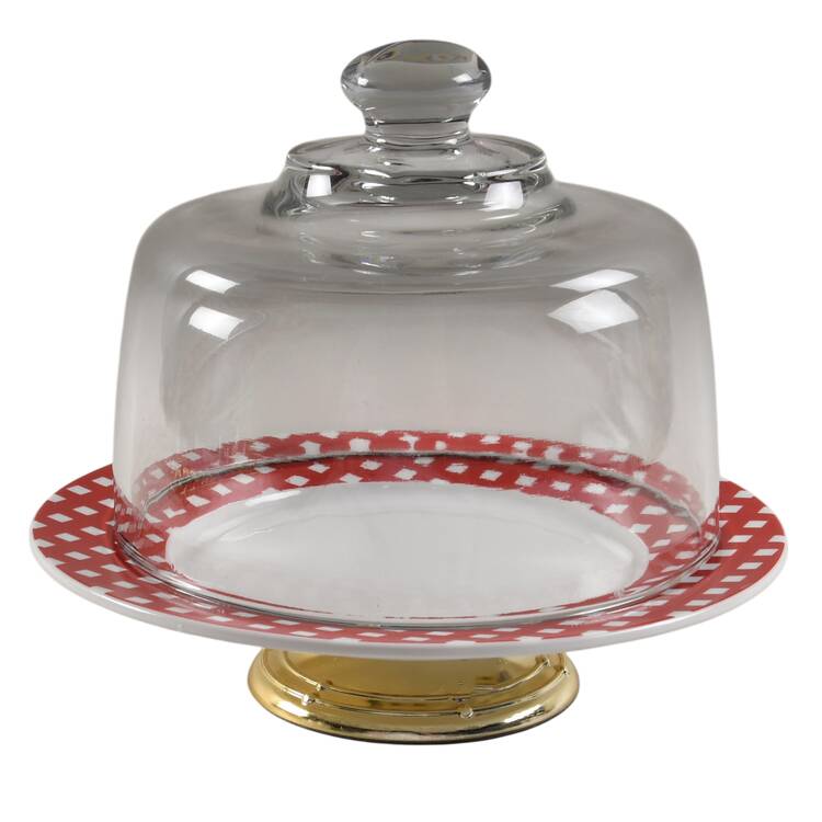 Kenna Red 6 1/2"-7 1/2" Footed Cheese Plate w/ Glass Dome HC
