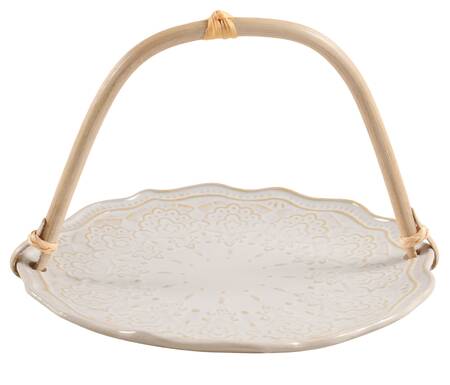 Farmhouse Lace Linen 5 3/8"-5 5/8" Bamboo Handled Serving Plate  HC