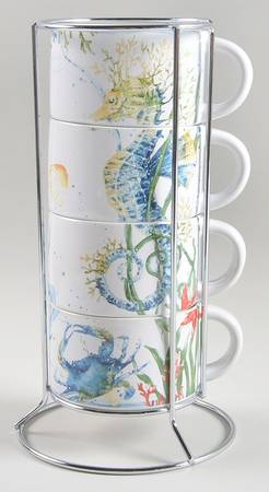 Sea Life Stackable Mug - Set of 4 & Metal Holder