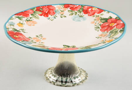 Vintage Floral Cake Stand with 4"-5" Metal Pedestal  Hc
