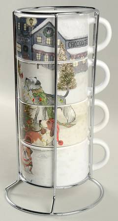 Park Avenue Puppies Christmas Tre Stackable Mug - Set of 4 & Metal Holder