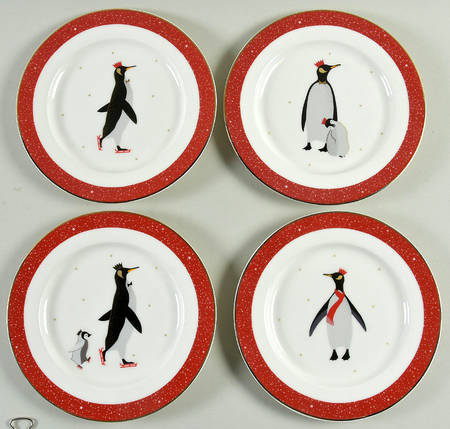 Red Penguins Salad/Dessert Plate - Set of 4 Boxed