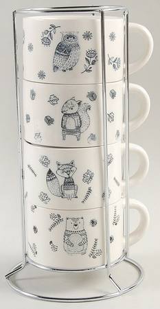 Black and White Critters Stackable Mug - Set of 4 & Metal Holder