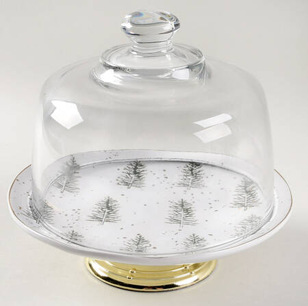 Gold Pine Tree 6 1/2"-7 1/2" Footed Cheese Plate w/ Glass Dome HC