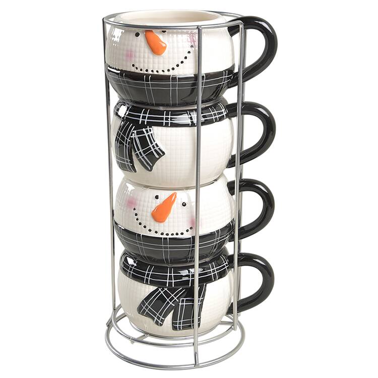 Black and White Snowman Stackable Mug - Set of 4 & Metal Holder