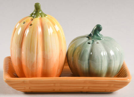 Pumpkin Mushroom Figural Salt and Pepper Tray Set