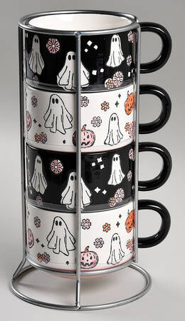 Ghosts & Pumpkins Stackable Mug - Set of 4 & Metal Holder