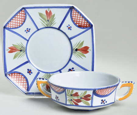 Mistral Blue (Octagonal, Man Center) Flat Cream Soup Bowl & Saucer Set by Quimper