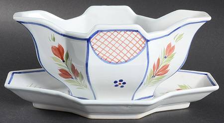 Mistral Blue (Octagonal, Man Center) Gravy Boat with Attached Underplate by Quimper