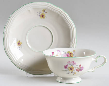 2664 (Chippendale, Cream, Green Trim) Footed Cup & Saucer Set