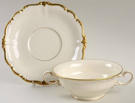 Baroque Gold Footed Cream Soup Bowl & Saucer Set