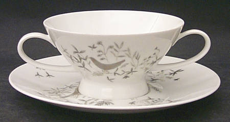Birds On Trees Footed Cream Soup Bowl & Saucer Set