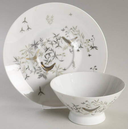 Birds On Trees Footed Cream Soup Bowl & Saucer Set