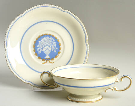 Classic (Light Blue Center with Vase) Footed Cream Soup Bowl & Saucer Set