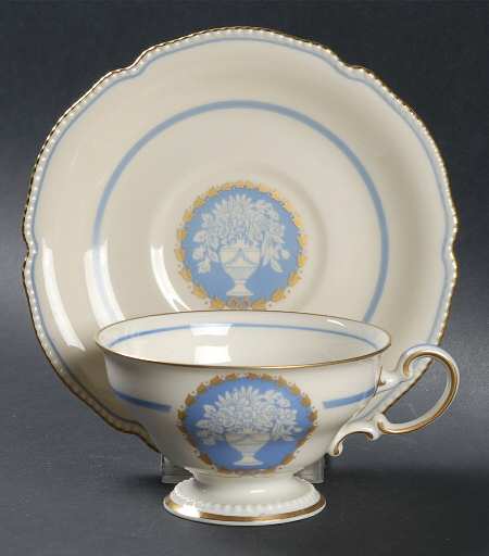 Classic (Light Blue Center with Vase) Footed Cup & Saucer Set