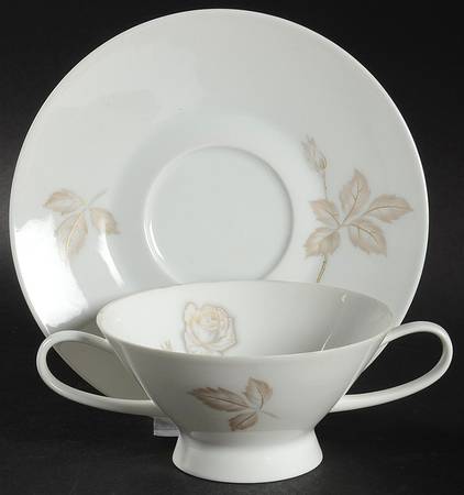 Classic Rose (White Rose, Brown Leaves) Footed Cream Soup Bowl & Saucer Set