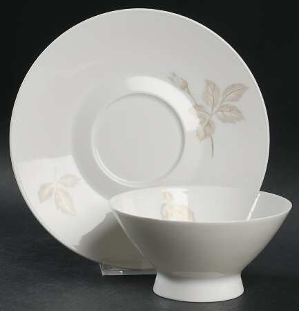 Classic Rose (White Rose, Brown Leaves) Footed Cream Soup Bowl & Saucer Set