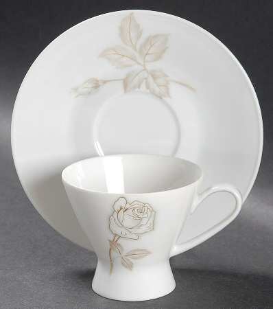 Classic Rose (White Rose, Brown Leaves) Footed Demitasse Cup & Saucer Set
