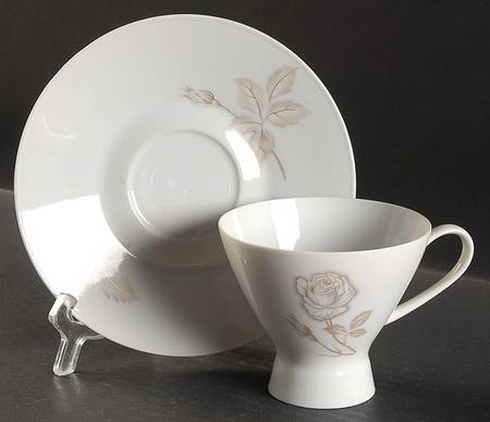 Classic Rose (White Rose, Brown Leaves) Footed Cup & Saucer Set