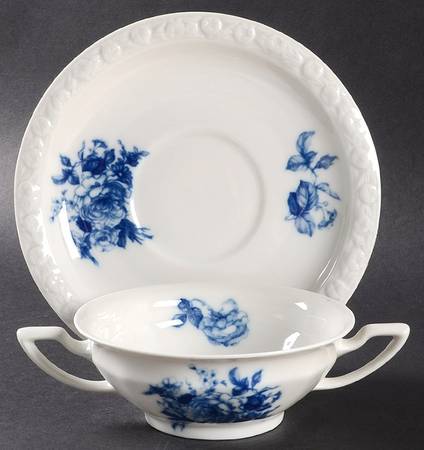 Cobalt Rose Footed Cream Soup Bowl & Saucer Set