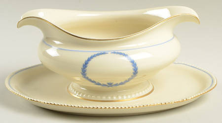 Empire (Blue Wreath, Ivory) Gravy Boat with Attached Underplate