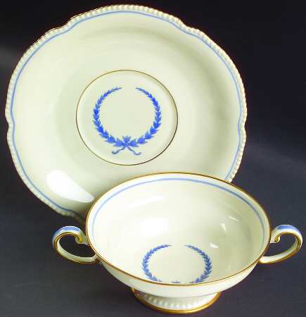 Empire (Blue Wreath, Ivory) Footed Cream Soup Bowl & Saucer Set