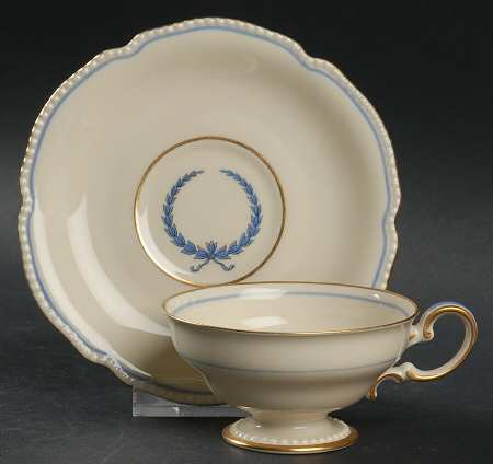 Empire (Blue Wreath, Ivory) Footed Demitasse Cup & Saucer Set