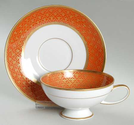 Fleur De Lis (Orange Red Border) Footed Cup & Saucer Set