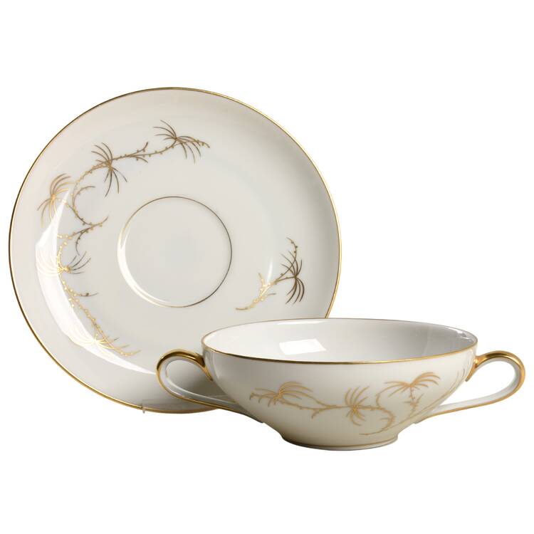 Golden Palm (White, Coupe) Flat Cream Soup Bowl & Saucer Set
