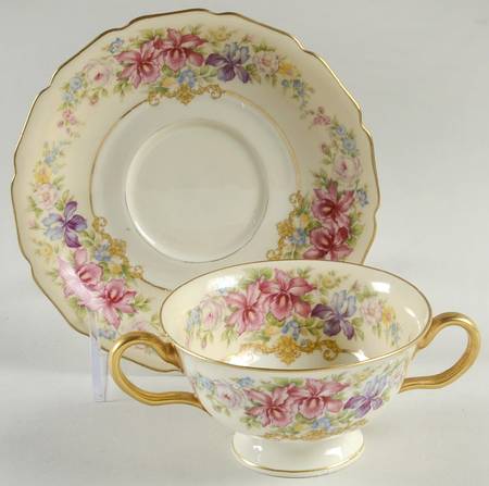 Gwendolyn (Yellow or Yellow & Red Scrolls) Footed Bouillon Cup & Saucer