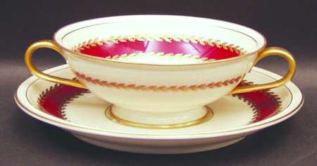 Josephine (Ivory, Maroon Band) Footed Cream Soup Bowl & Saucer Set