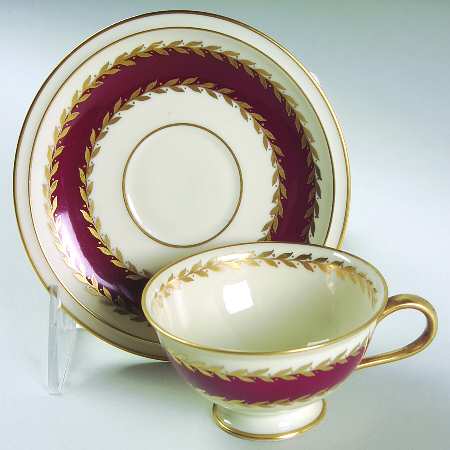 Josephine (Ivory, Maroon Band) Footed Demitasse Cup & Saucer Set