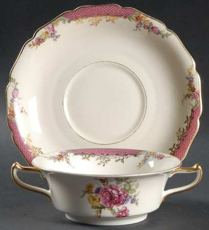 King's Rose (Cream Background, Scalloped) Footed Cream Soup Bowl & Saucer Set