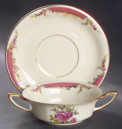 King's Rose (Cream Background, Smooth) Flat Cream Soup Bowl & Saucer Set