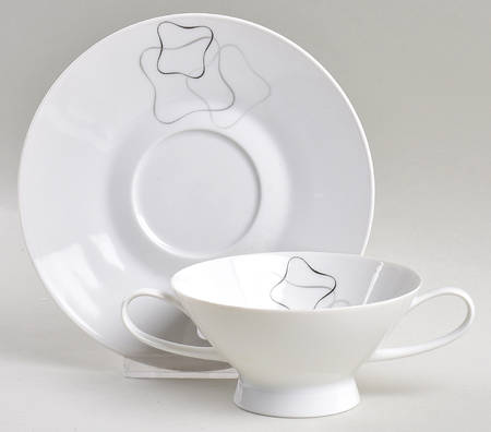 Linear Grey and Black Footed Cream Soup Bowl & Saucer Set