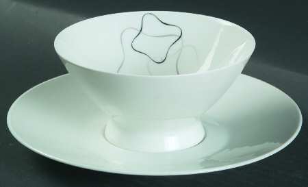 Linear Grey and Black Footed Cream Soup Bowl & Saucer Set