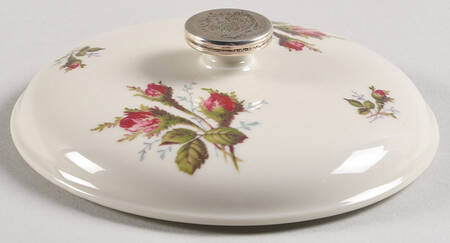 Moss Rose (Pompadour, Ivory Body, Off Center) Lid for Candy Box w/Sterling Base, Rim, Finial